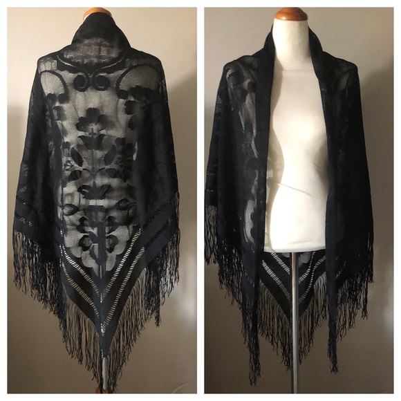 Unknown Other - Vintage Lace Netting Black Wrap Shawl Floral